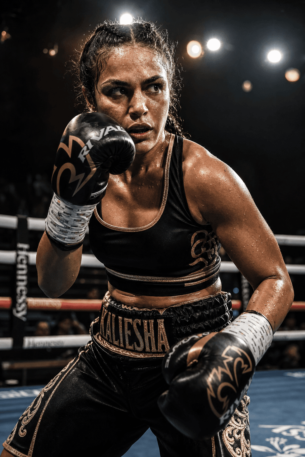 Leah Gotti in fight stance, focused, gloves up, ring lights overhead.