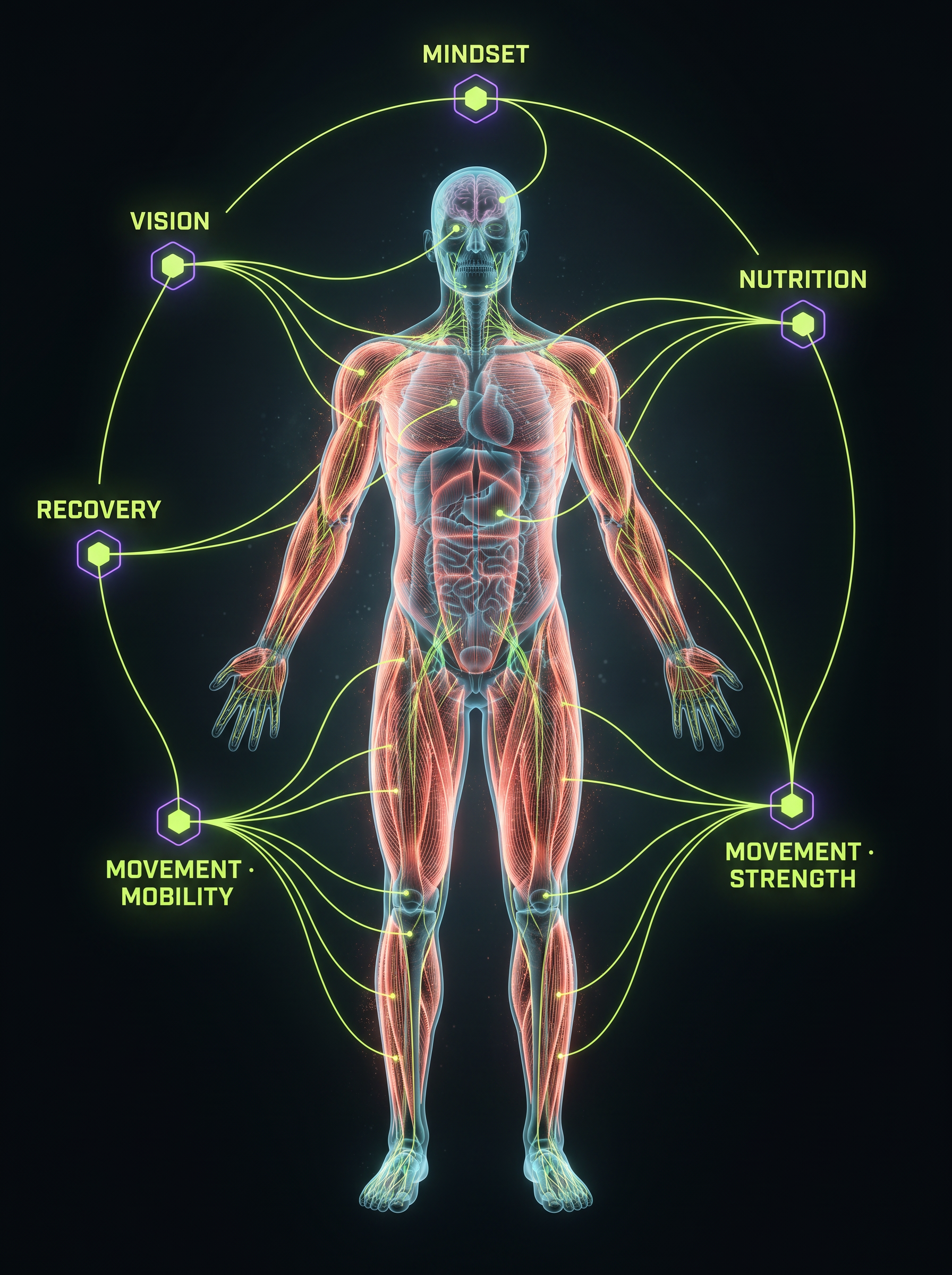 Development plan visual — full-body anatomy with nervous-system wires branching to the six VICTEVO pillars: Mindset, Nutrition, Movement · Weights, Movement · Mobility, Recovery, Vision
